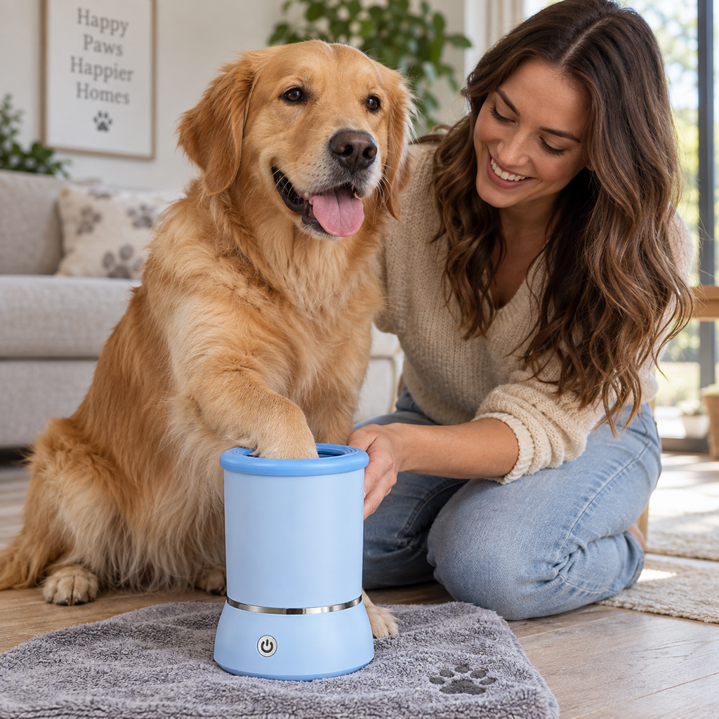 Golden Retriever using PawClean™ electric dog paw cleaner at home with its owner